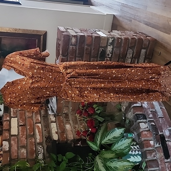 Lovestitch Rust Floral Wrap Midi Dress Boho Chic Tie Waist - Picture 2 of 10